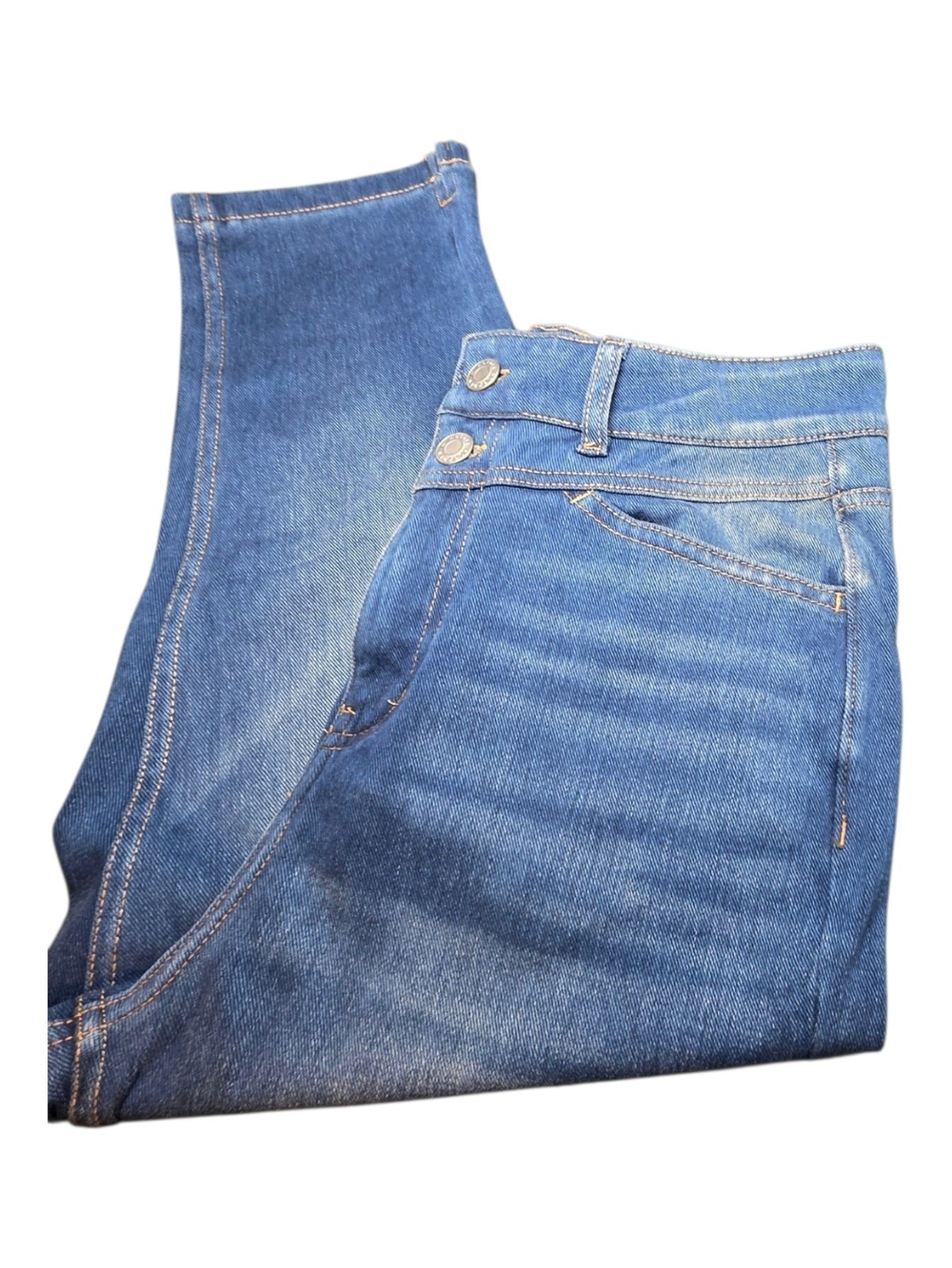 NWT HALARA Flex High Waisted Double Button Denim Capri Leggings Medium Blue